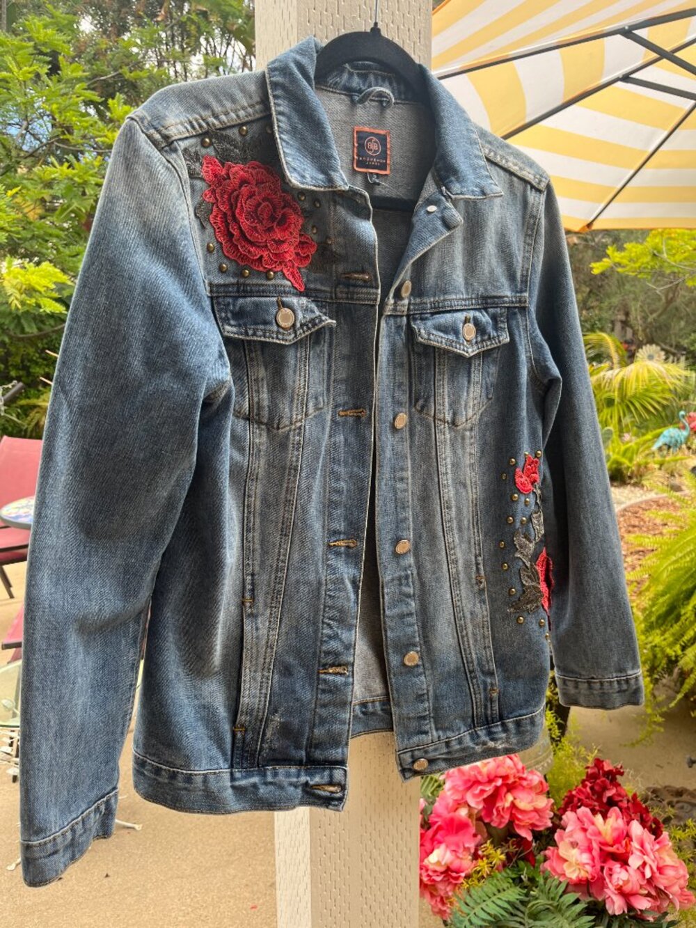 Boom Boom New Jean Denim Jacket with Red Gorgeous Florals, Size S
